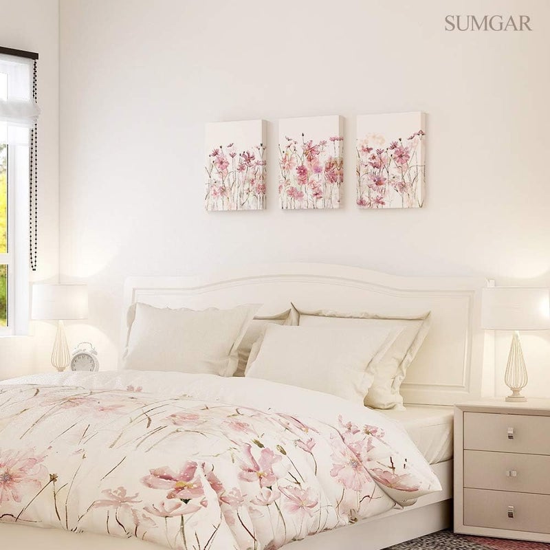 SUMGAR Pink Flower Wall Art Bedroom 3 Piece Romantic Floral Wildflower Plants Nature Scenery Canvas Watercolour Paintings, Red Bloom Pictures for Teen Girl Room Living Room, 12 x 16 inch - Image 2